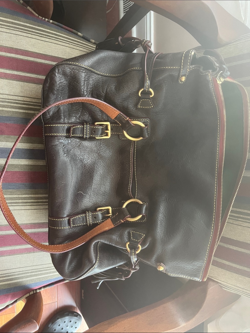 Dooney & Bourke Dark Brown Leather Hobo with Tan Handles and Gold Hardware